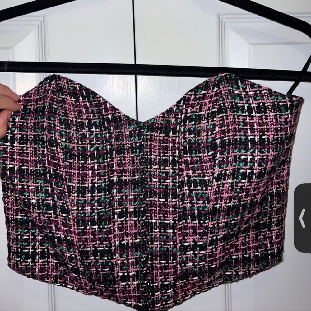 Zara Pink and Green Tweed Bustier Top